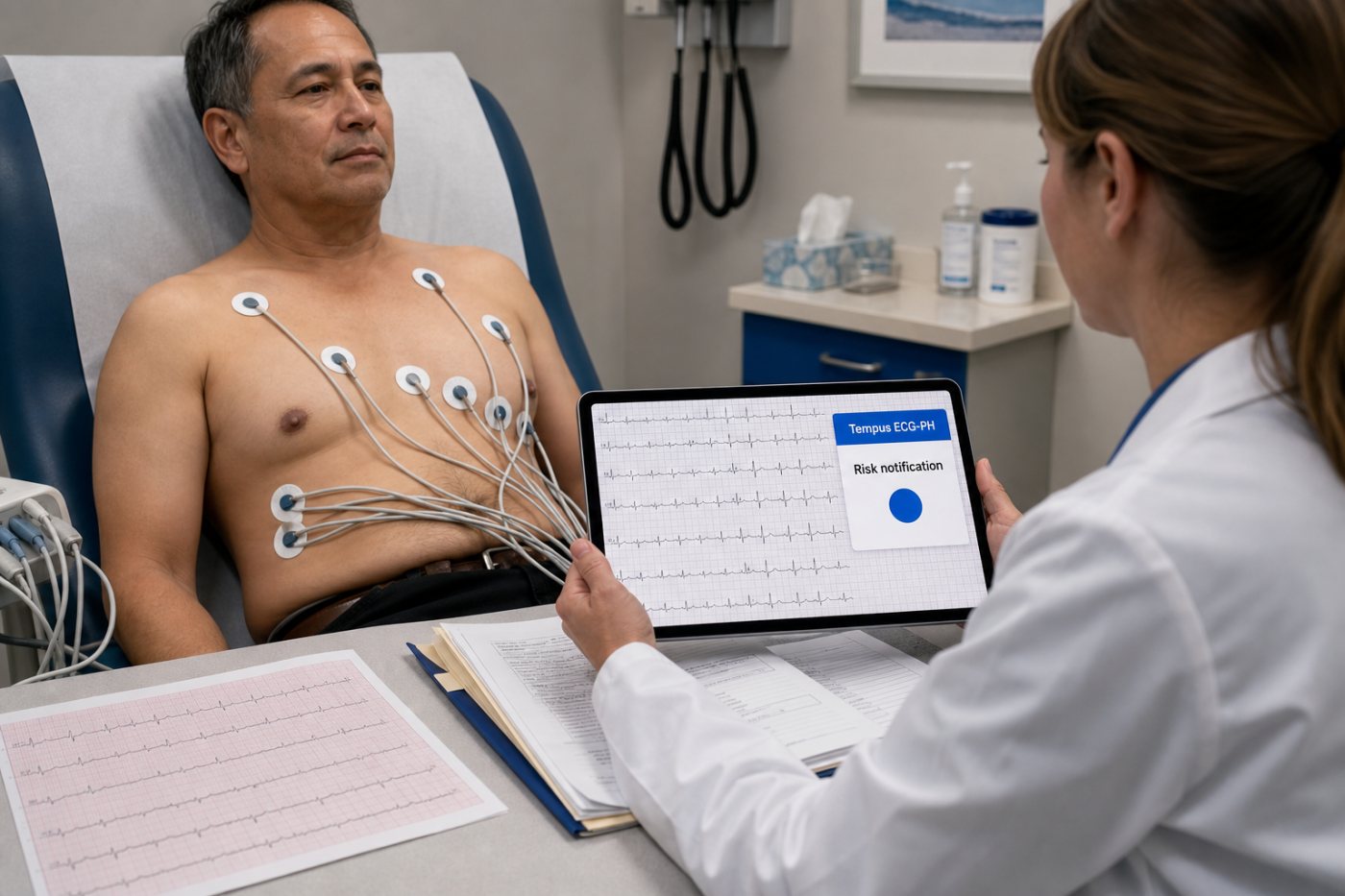 Pasien bergejala usia 40 tahun ke atas menjalani ECG 12 sadapan sebelum dokter menilai notifikasi risiko bersama data klinis lain.