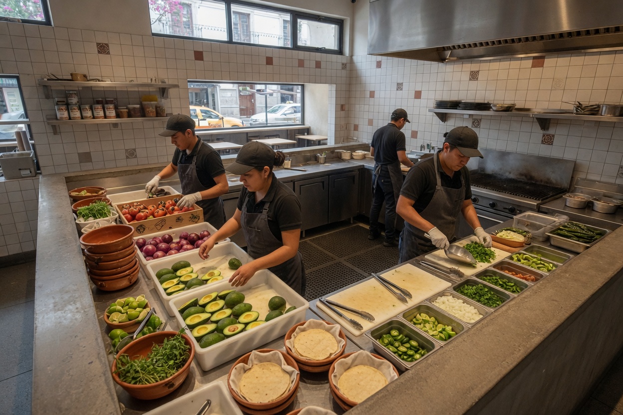 Подготовка свежих ингредиентов на кухне ресторана Chipotle в Мексике
