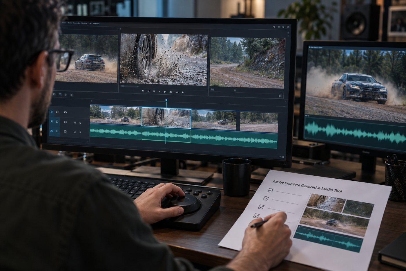 An editor checks continuity, sound and provenance before approving a generated insert.