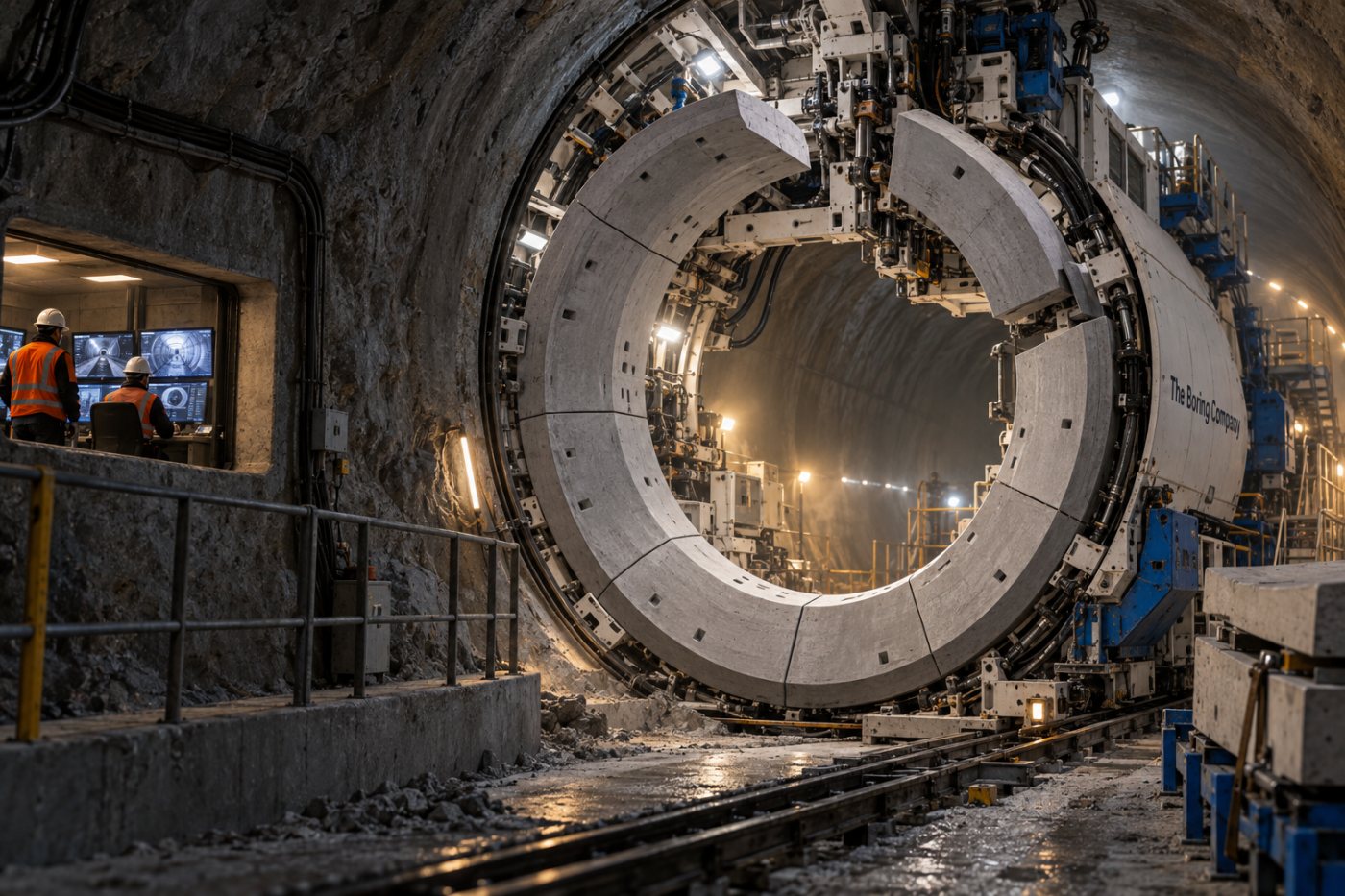 The Boring Company’s Prufrock system assembles a concrete tunnel ring during monitored excavation.
