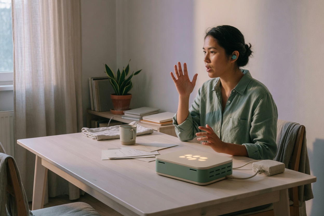 Person indicating pause with hand gesture while speaking indoors