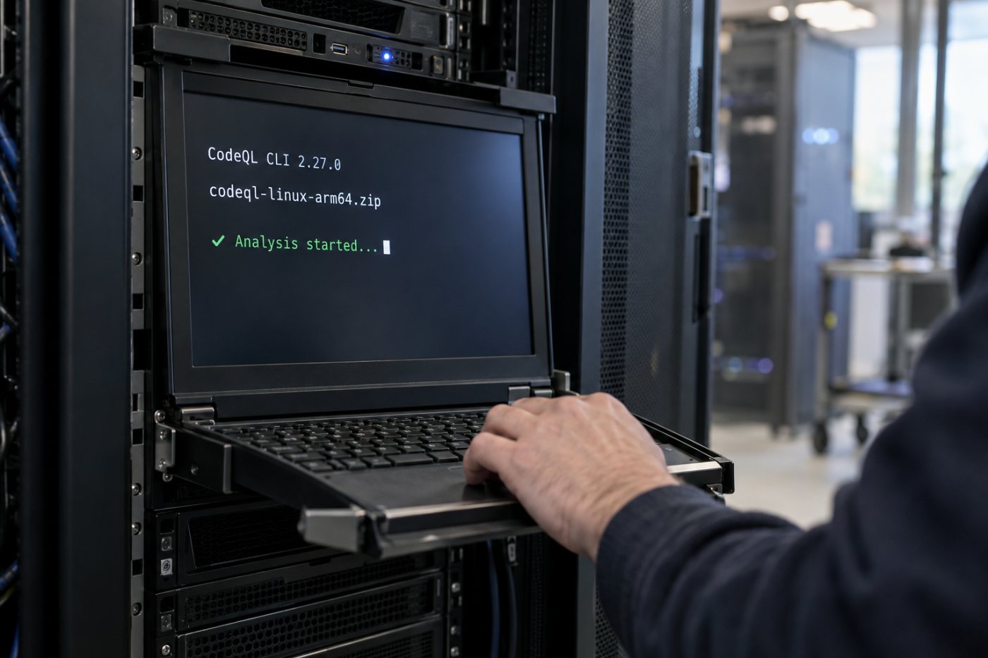 CodeQL CLI 2.27.0 sélectionne ses artefacts dédiés et lance une analyse native sur Linux ARM64.