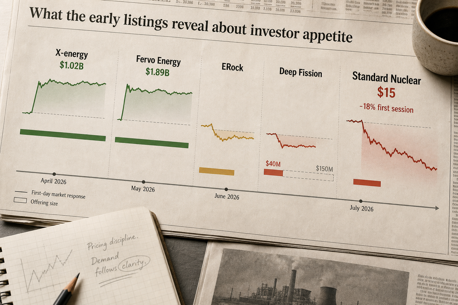 A 2026 climate-energy IPO timeline showing stronger early offerings followed by reduced deals and Standard Nuclear’s 18% debut decline