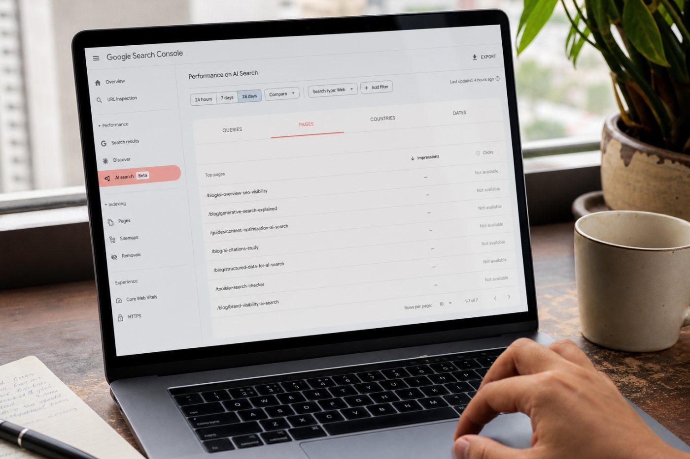 Báo cáo AI tạo sinh trong Google Search Console phân loại lượt hiển thị theo trang, quốc gia và thời gian nhưng không đo lượt truy cập.