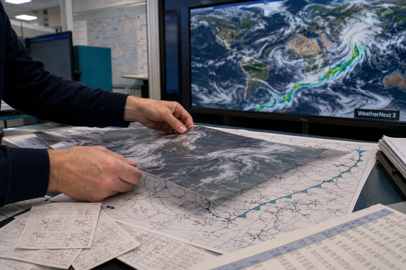 WeatherNext 3 combina un mosaico satelital reciente, estaciones y análisis meteorológicos para iniciar una previsión horaria