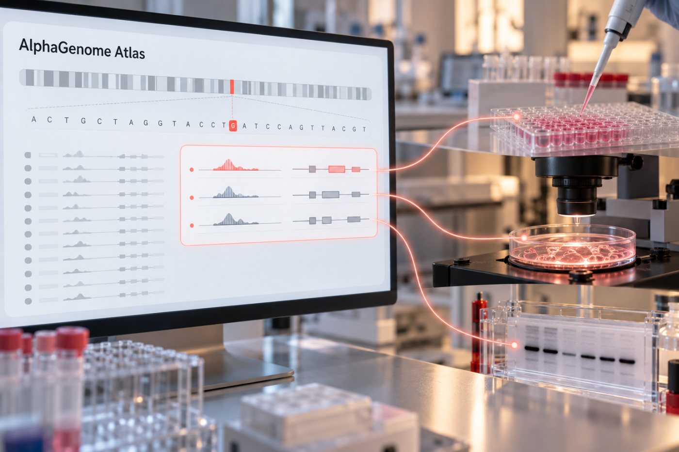 Researchers move from AlphaGenome Atlas variant ranking to mechanism-specific laboratory validation.
