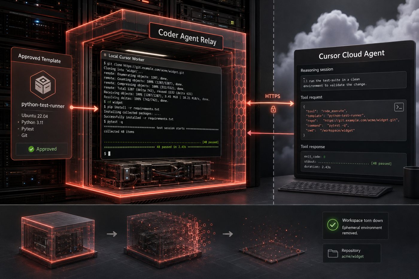 Sesi Cursor memicu workspace Coder sementara, menjalankan tool call di lingkungan pelanggan, lalu menghentikan workspace setelah tugas selesai.