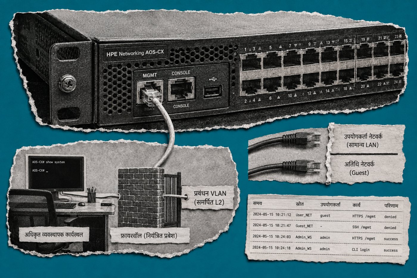 AOS-CX प्रबंधन पहुंच समर्पित VLAN और फायरवॉल तक सीमित, जबकि सामान्य नेटवर्क से प्रबंधन पथ बंद है