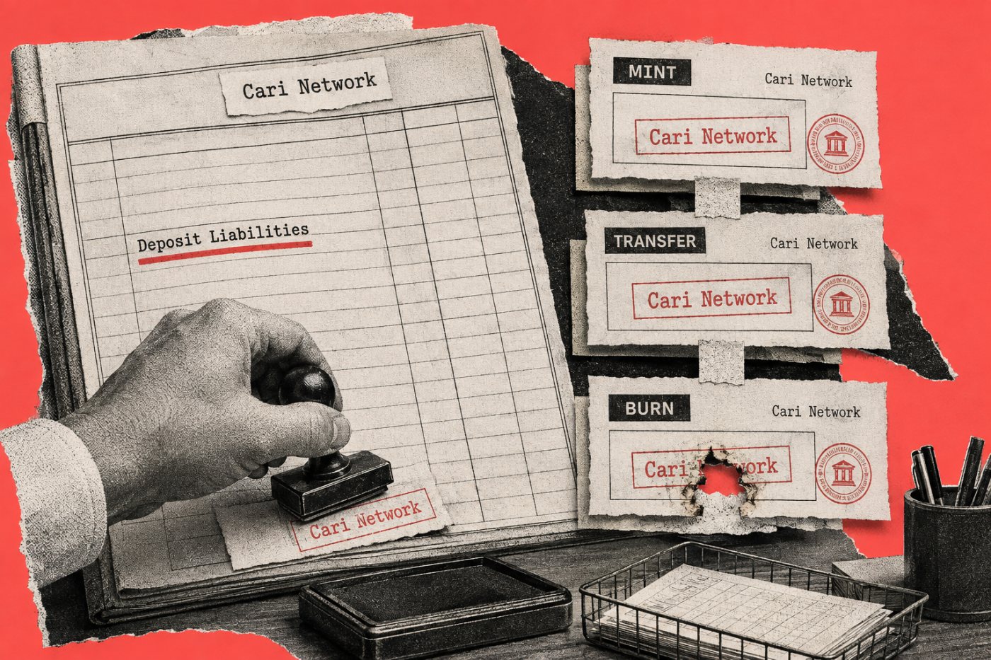 Cari’s mint-transfer-burn workflow keeps the digital representation tied to a participating bank’s customer deposit.