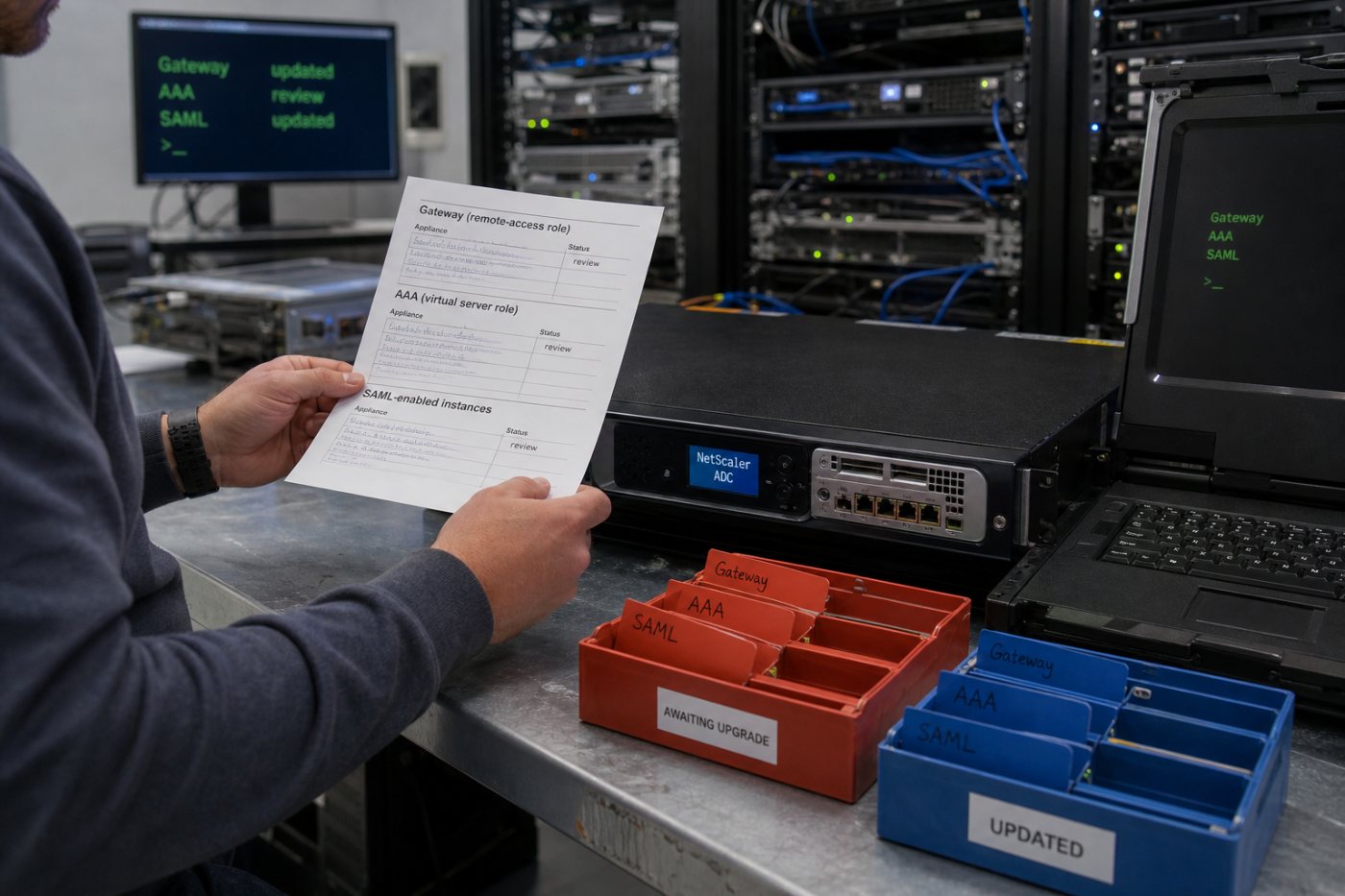 Un inventaire NetScaler distingue les configurations Gateway, AAA et SAML selon leur version et leur état de mise à jour.
