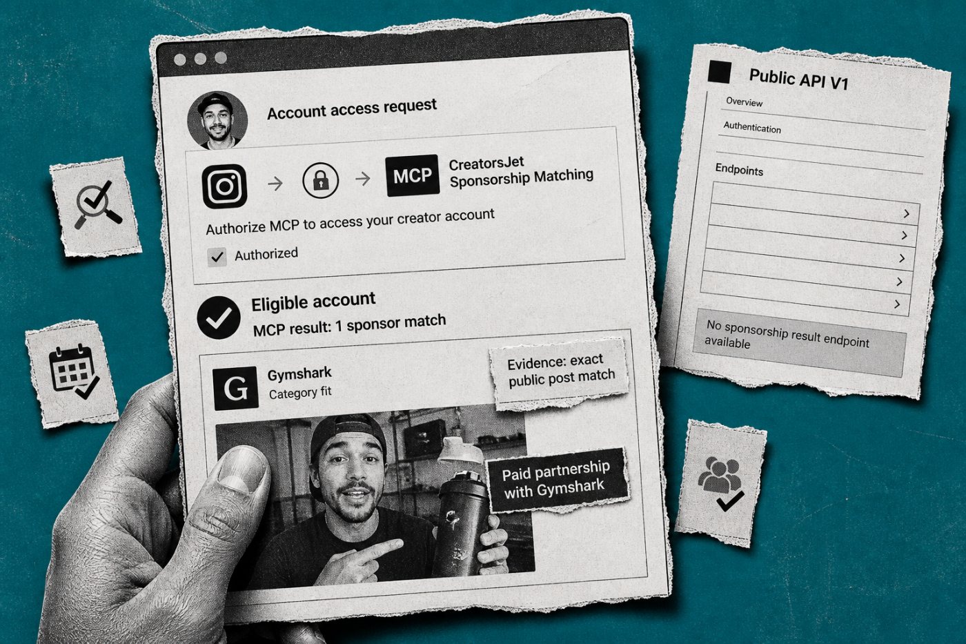 যোগ্য CreatorsJet account MCP দিয়ে evidence-backed sponsor match পাচ্ছে, কিন্তু Public API V1-এ sponsorship endpoint নেই