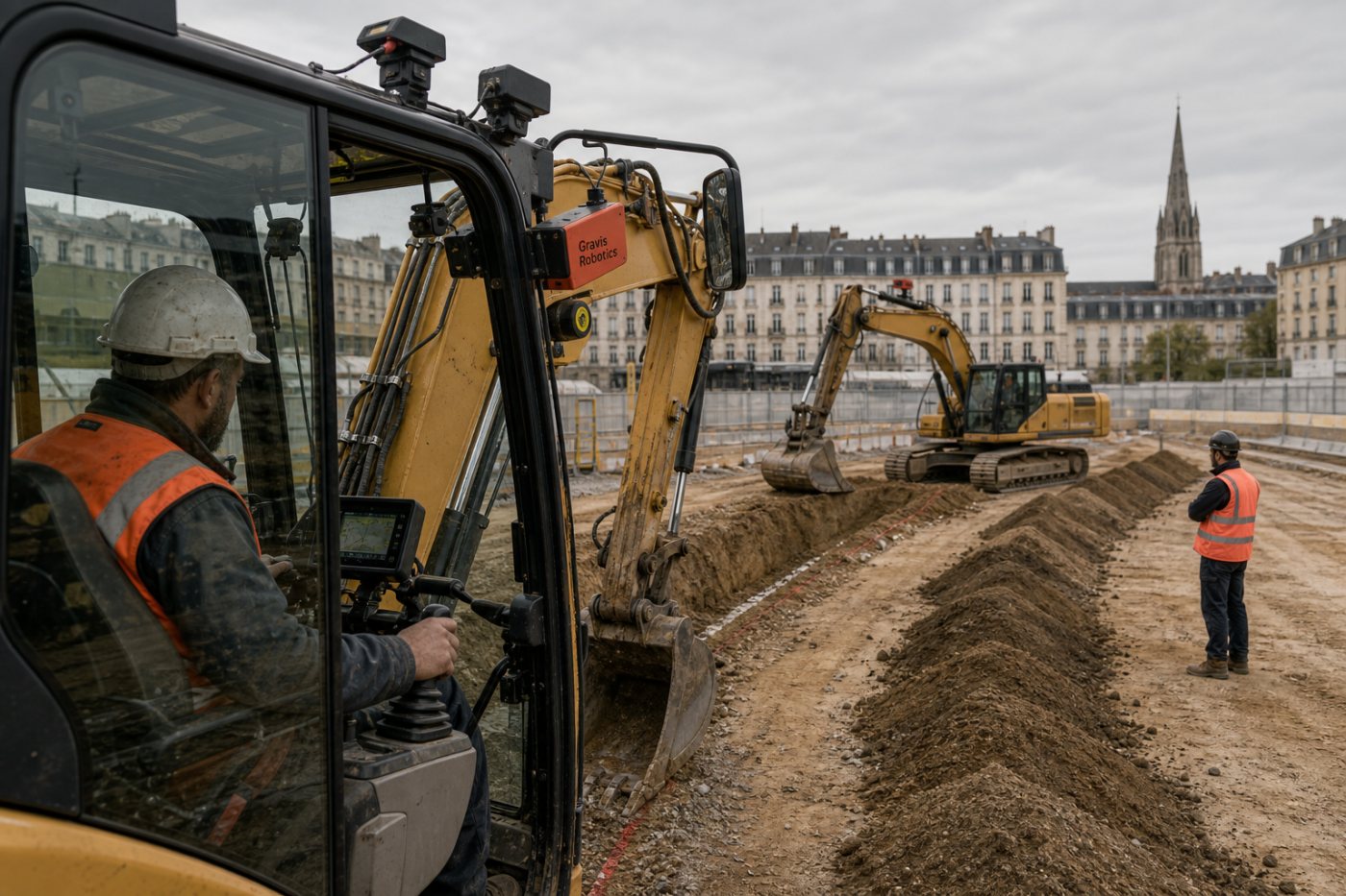 Des engins Gravis illustrent la différence entre assistance en cabine et autonomie sous supervision.