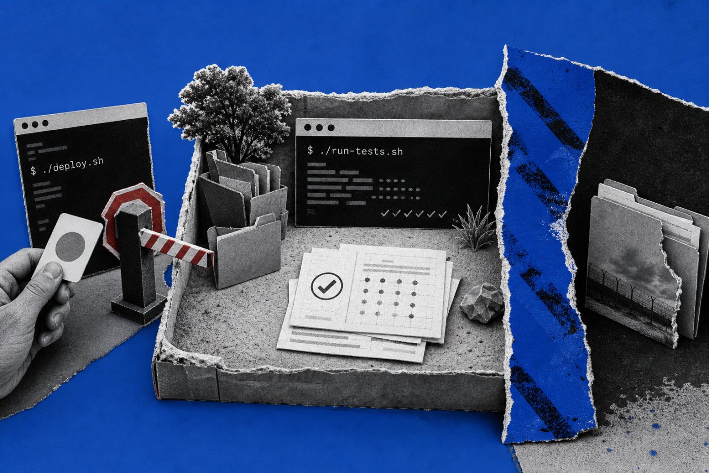Routine Claude Code testing proceeds inside the sandbox while deployment and out-of-bound access require permission.
