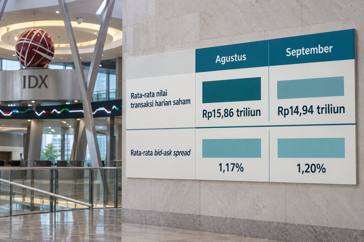 Di pasar saham Indonesia, nilai transaksi harian menurun pada September 2026 sementara bid-ask spread berubah tipis.