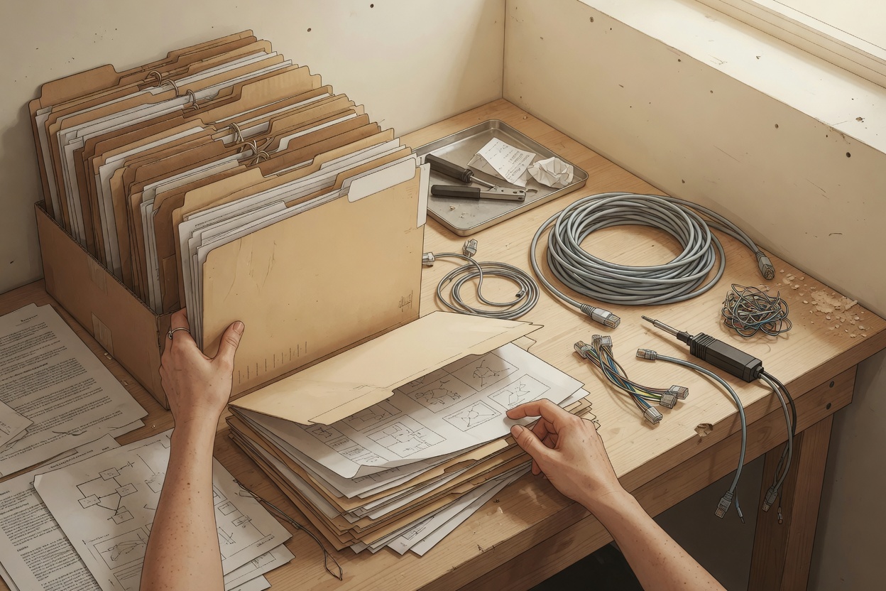 Hands sorting documents and materials during reconnaissance simulation