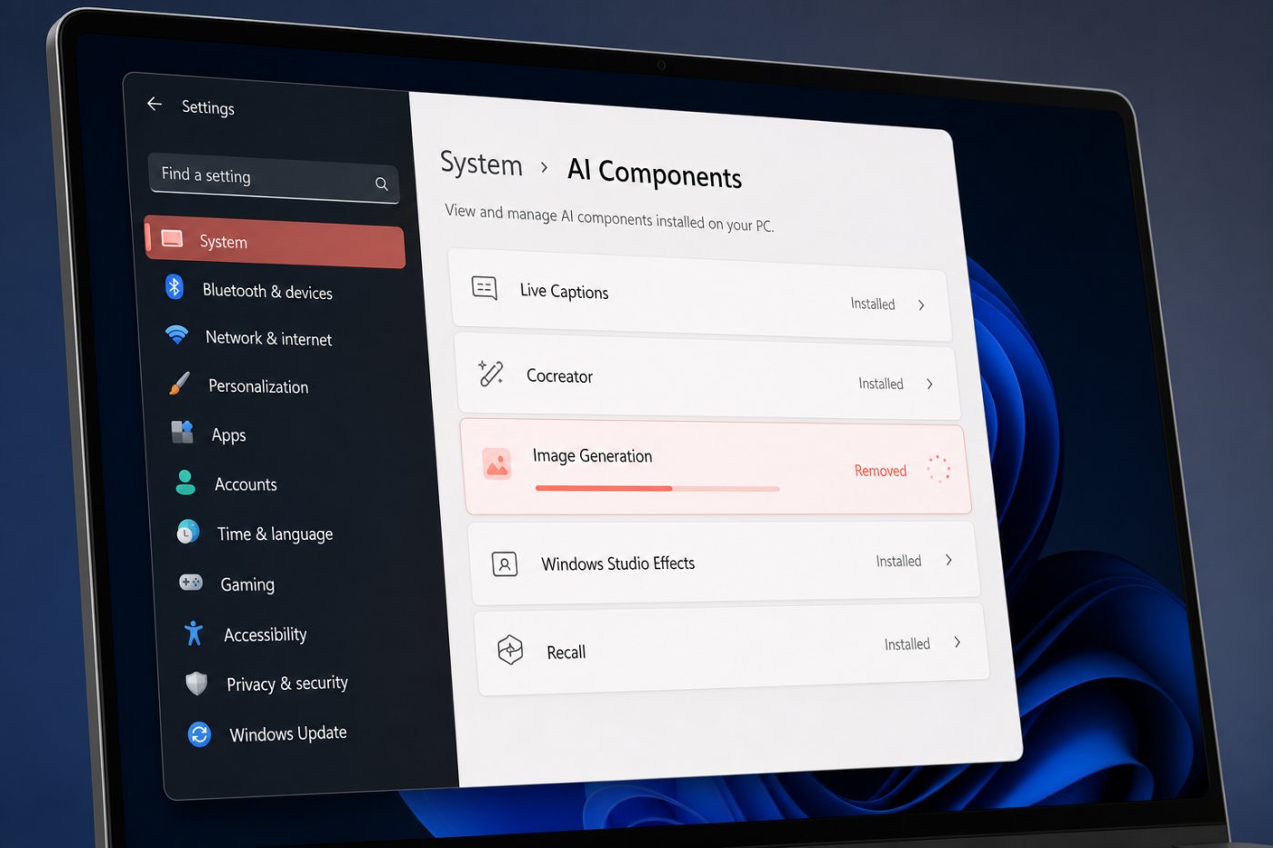 Удаление компонента генерации изображений через раздел «Компоненты ИИ» в Windows 11