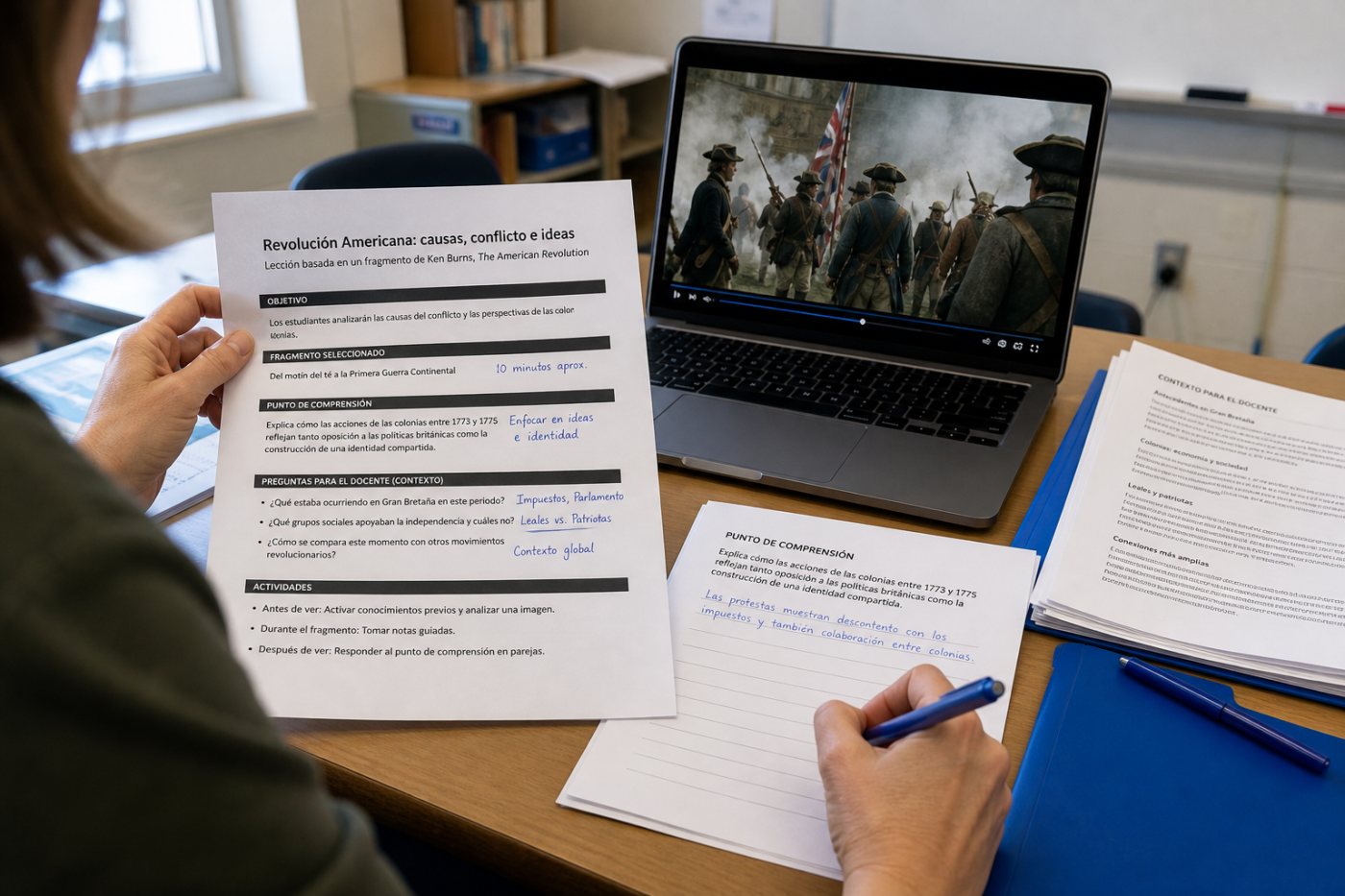 Un fragmento de la serie documental se organiza como una unidad de clase con comprobación de comprensión y preguntas de contexto.