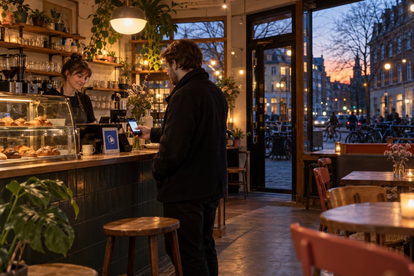 En dansk kunde betaler med MobilePay hos en lokal virksomhed, hvor betalingsformen indgår i valget af erhvervskonto.
