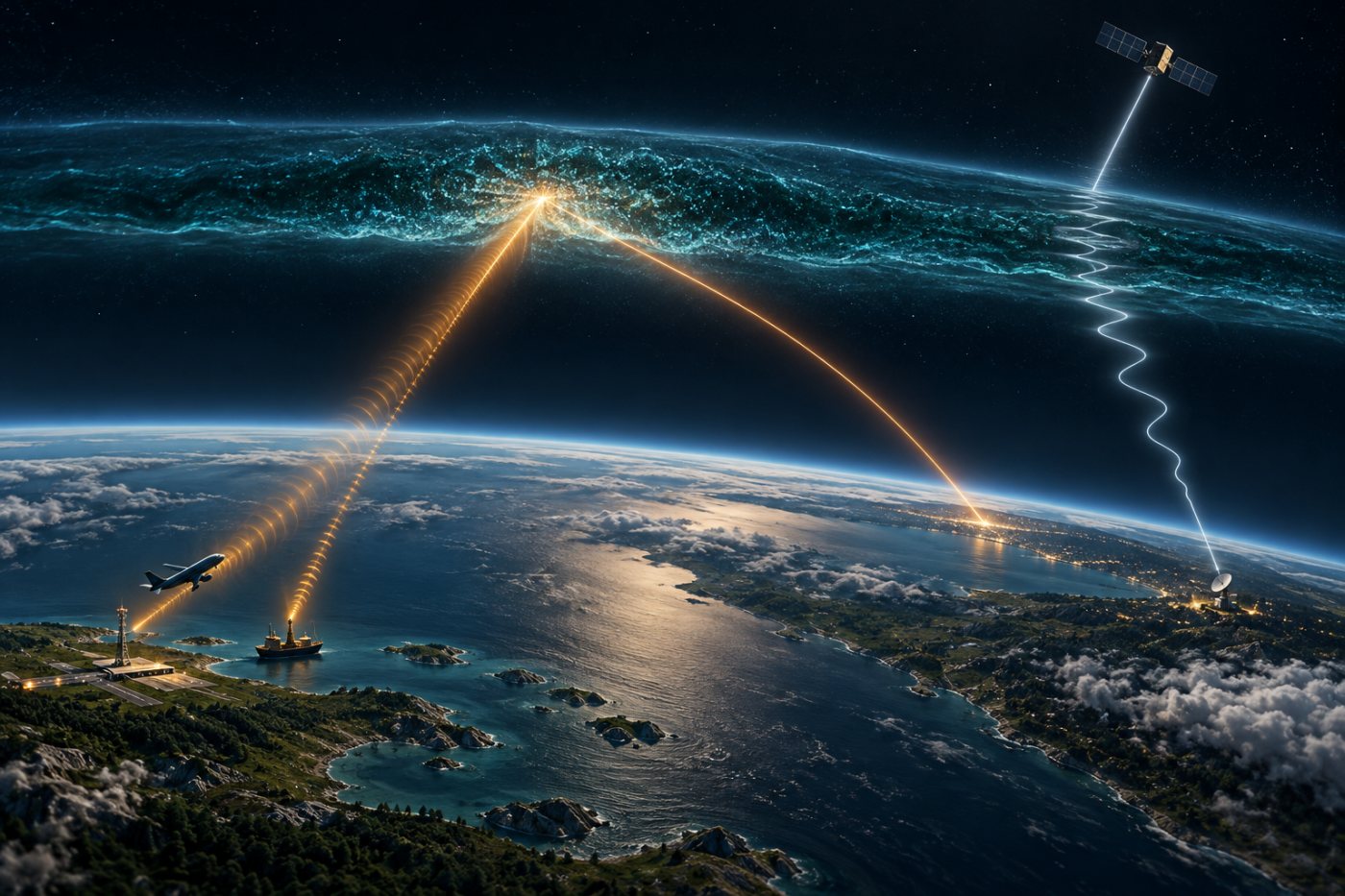Eine sporadische E-Schicht lenkt Funkwellen zur Erde zurück und beeinflusst den Weg eines Navigationssignals.
