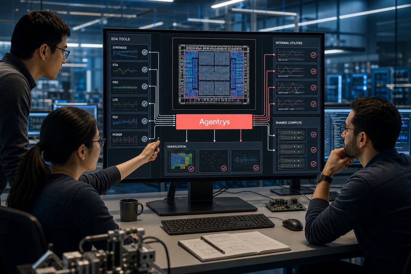 Agentes da Agentrys integrados a ferramentas de EDA e sistemas internos de uma equipe de engenharia de chips.