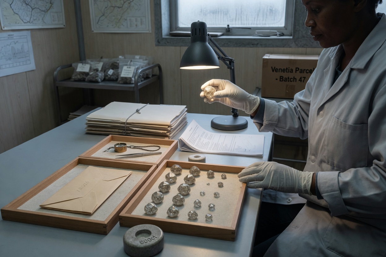 Professional reviewing natural diamond samples amid market analysis