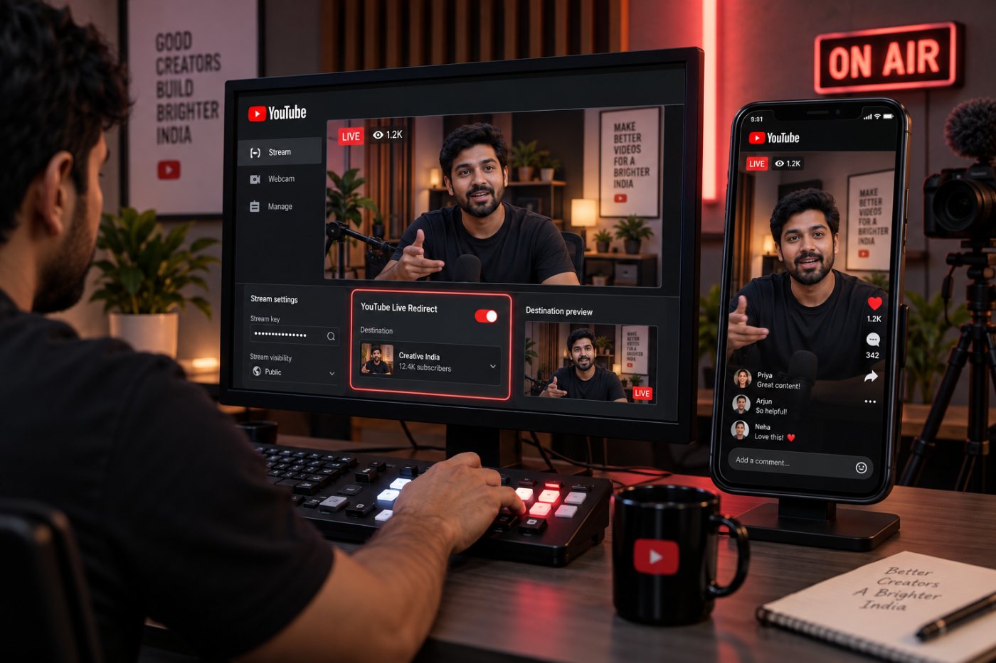 क्षैतिज YouTube लाइव में उपलब्ध और ऊर्ध्वाधर लाइव फ़ीड में अनुपलब्ध Live Redirect का अंतर।