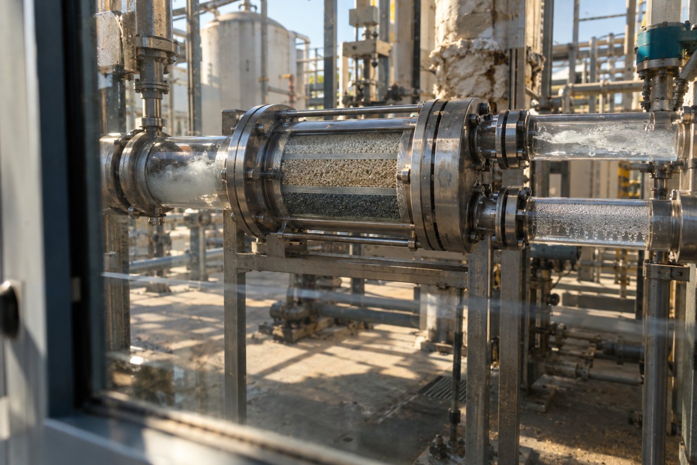 UniSieve-Hybridmembran trennt einen industriellen Gasstrom mithilfe poröser Materialien.