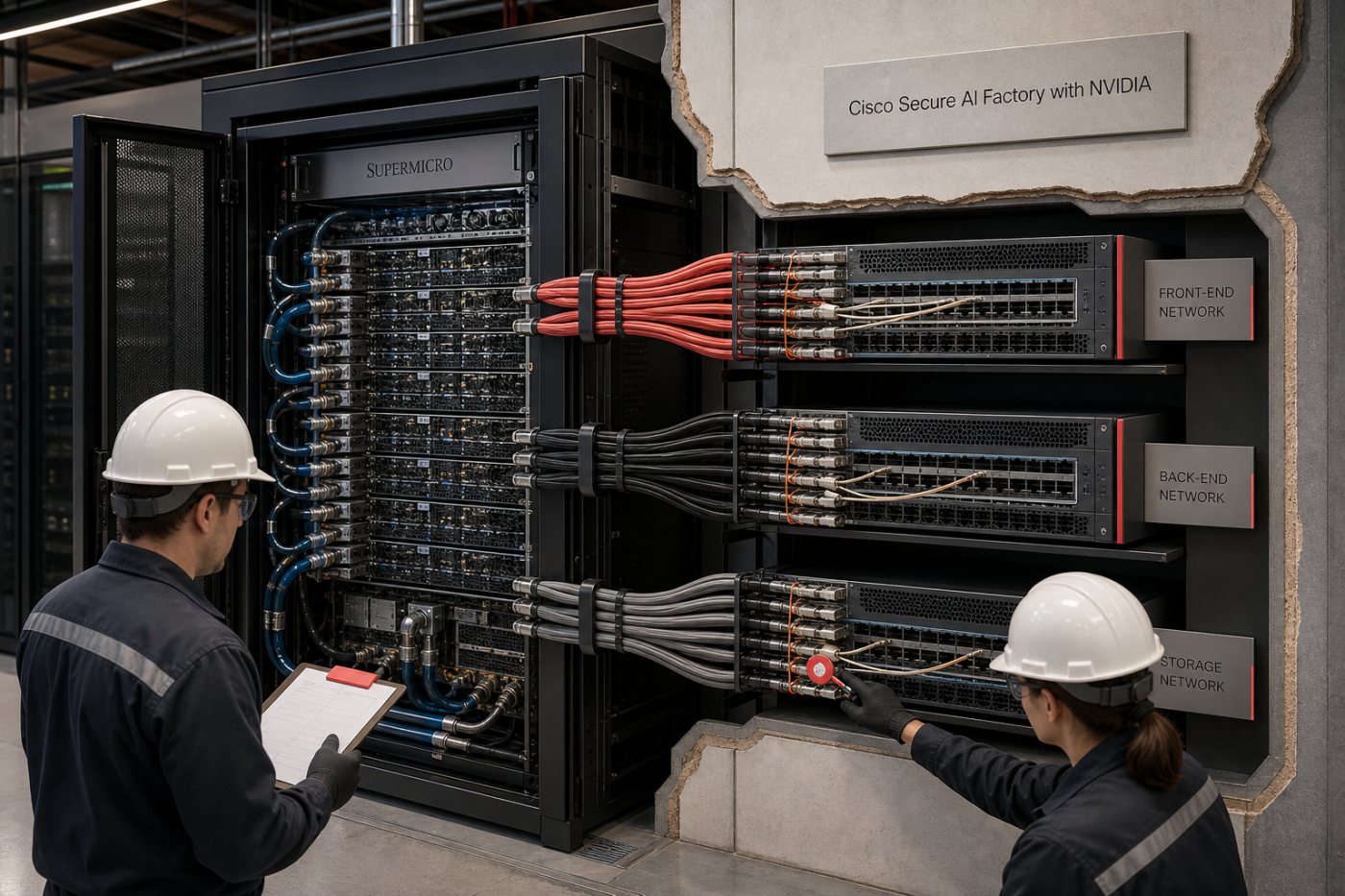 Répartition du calcul Supermicro, du réseau Cisco et des plateformes NVIDIA dans la pile Secure AI Factory.
