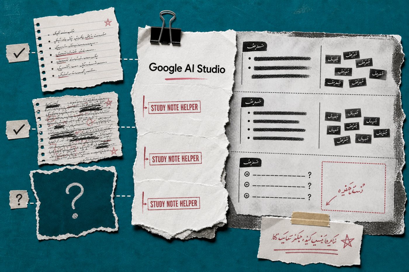 Google AI Studio Playground میں مختلف تعلیمی inputs پر خلاصہ، اصطلاحات اور مشقی سوالات والے prompt کی جانچ