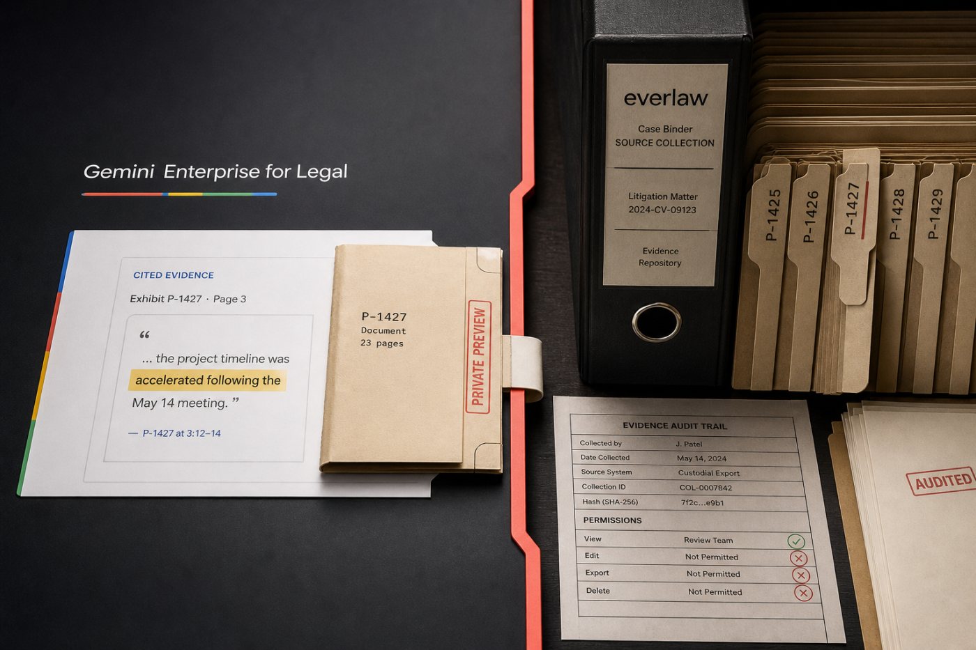 Gemini Enterprise for Legal analyzes governed Everlaw evidence while permissions and audit history remain with the source repository.