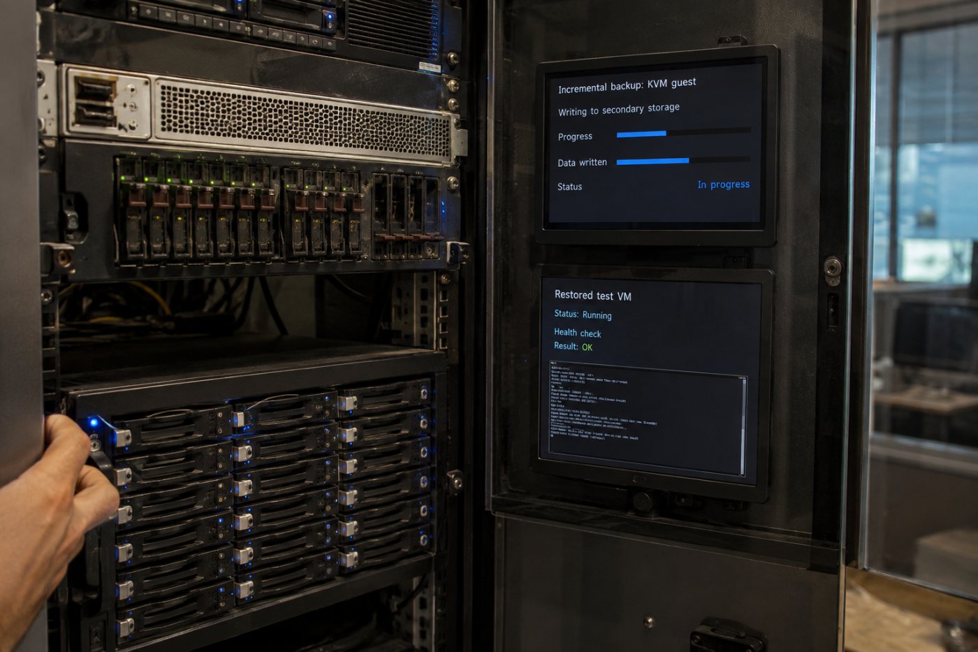Инкрементальная копия виртуальной машины KVM сохраняется через KBOSS, после чего из неё восстанавливается рабочий тестовый экземпляр.