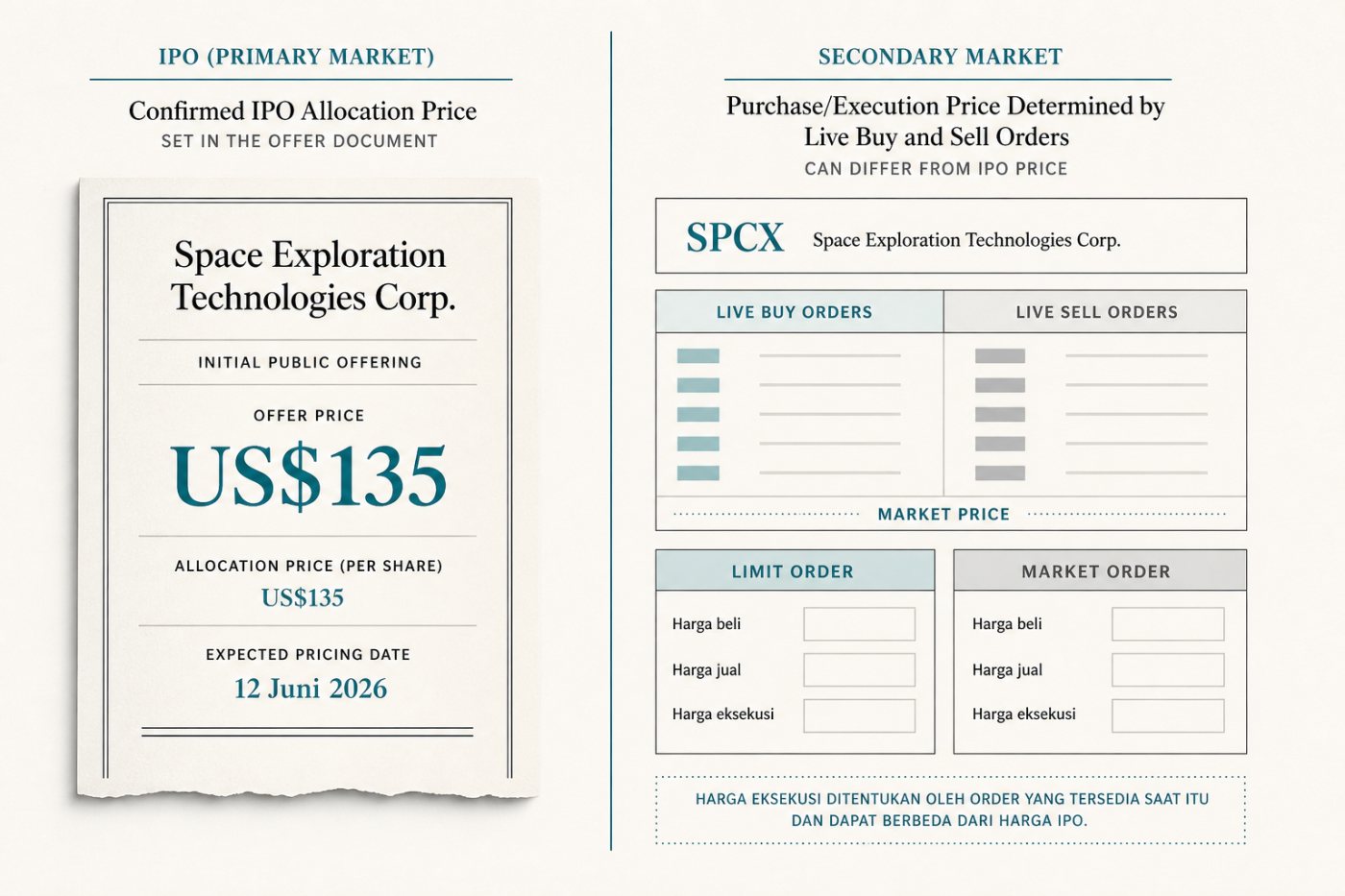 Perbandingan harga IPO SpaceX US$135 dengan harga pasar SPCX sebelum pesanan dibuat.