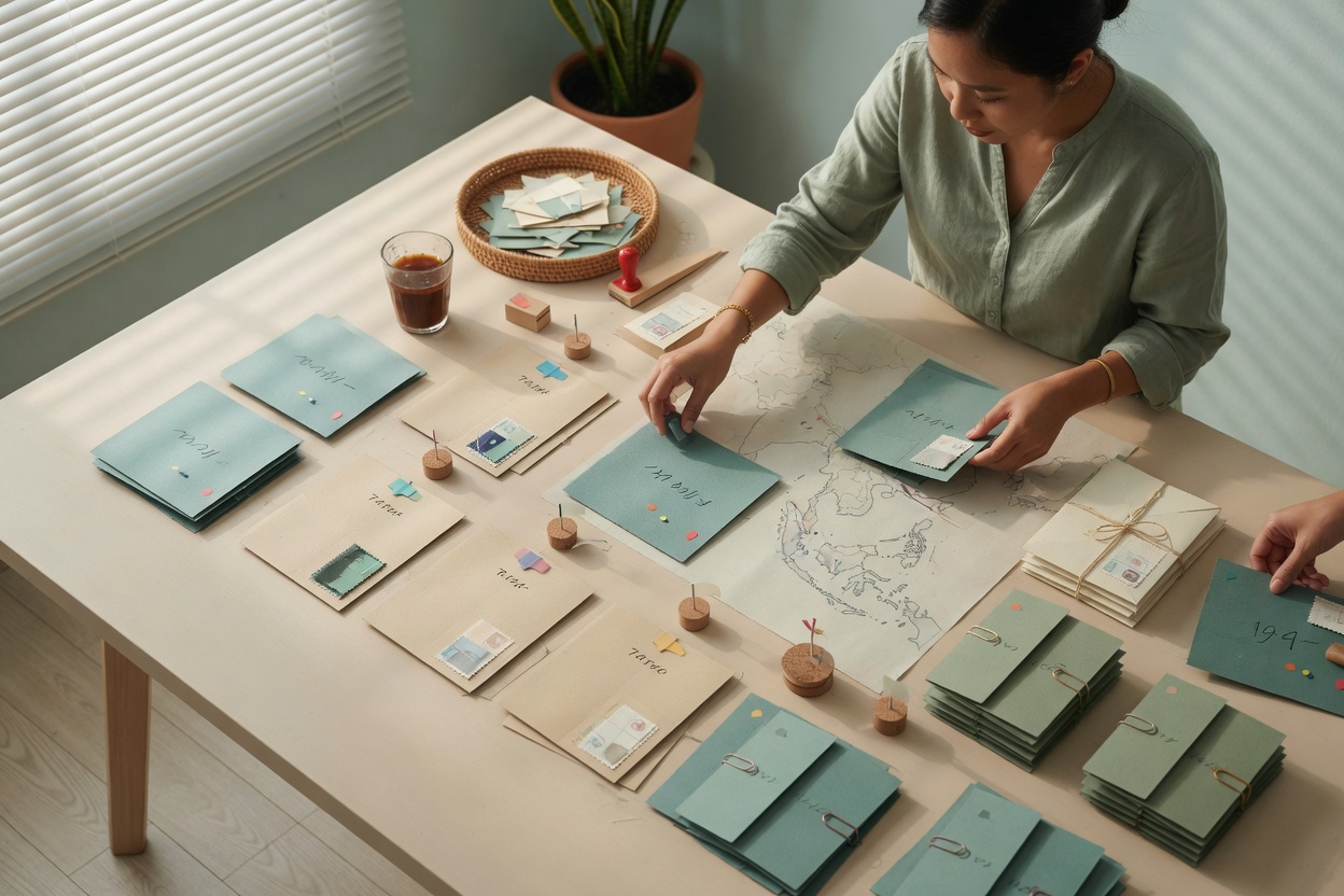Manager arranging documents for Southeast Asian talent sourcing