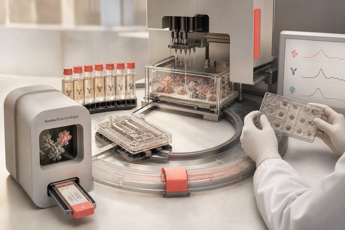 Aureka’s model proposals are tested through high-throughput functional antibody screening and returned as experimental feedback.