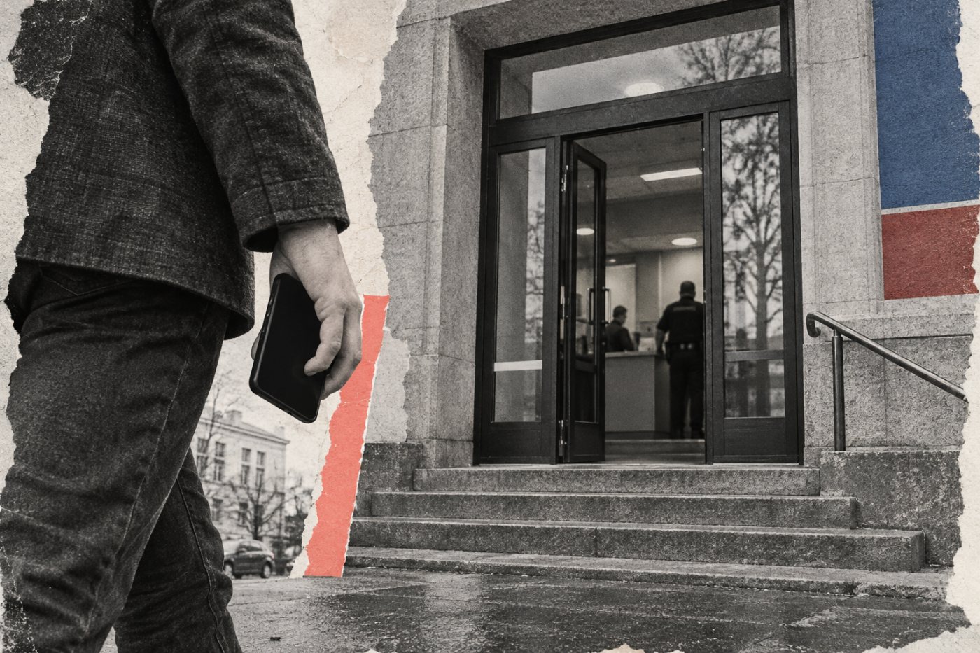 Člověk přichází oznámit podezření na online podvod policii a uchovává původní zprávu v telefonu.