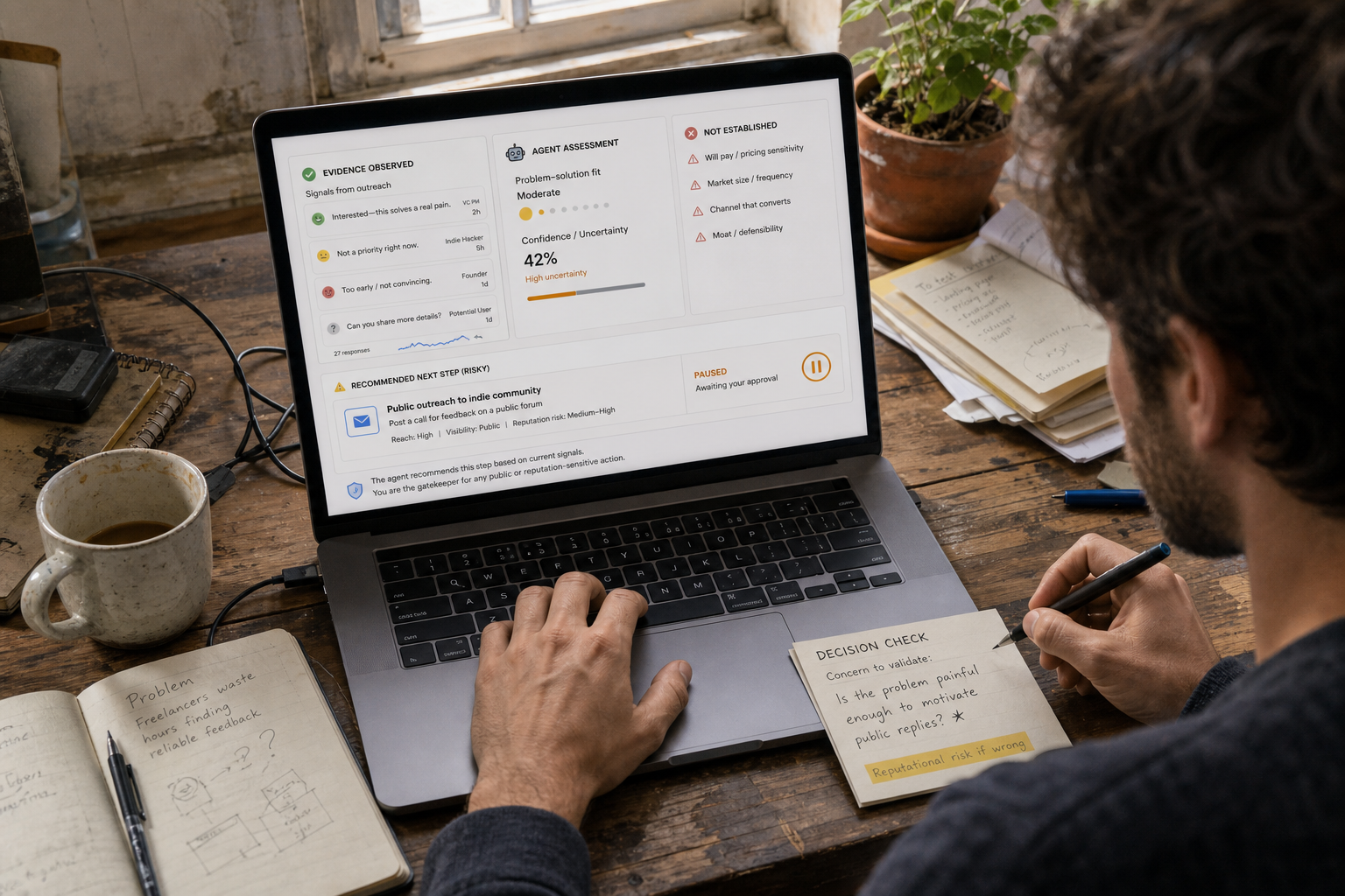Founder evaluating categorized customer responses to choose the next validation experiment