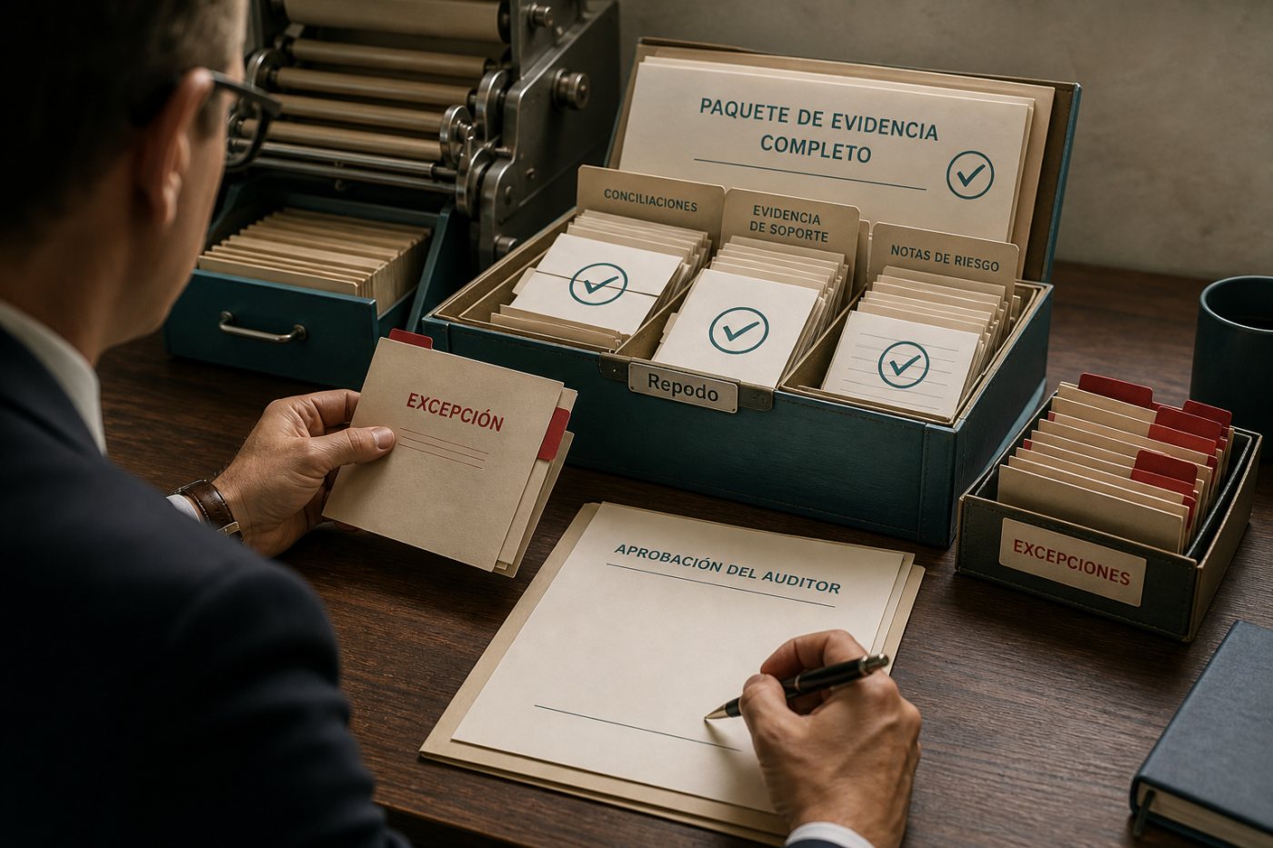 Un auditor cualificado revisa evidencias y excepciones antes de asumir la decisión y la firma final.