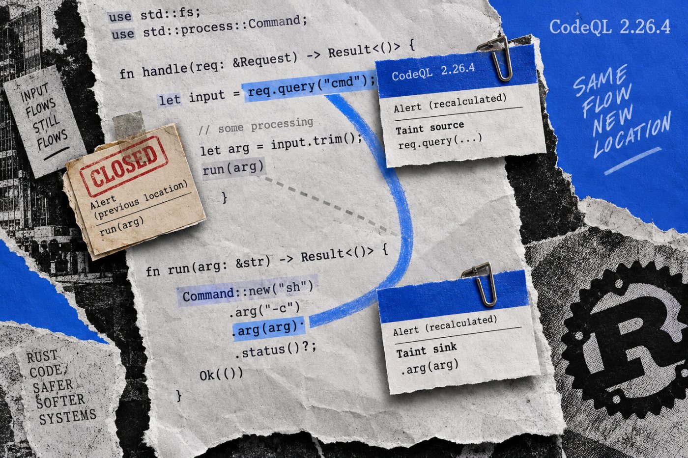 같은 Rust 데이터 흐름에서 기존 경고가 닫히고 소스와 싱크의 새 위치에 경고가 열린 상태