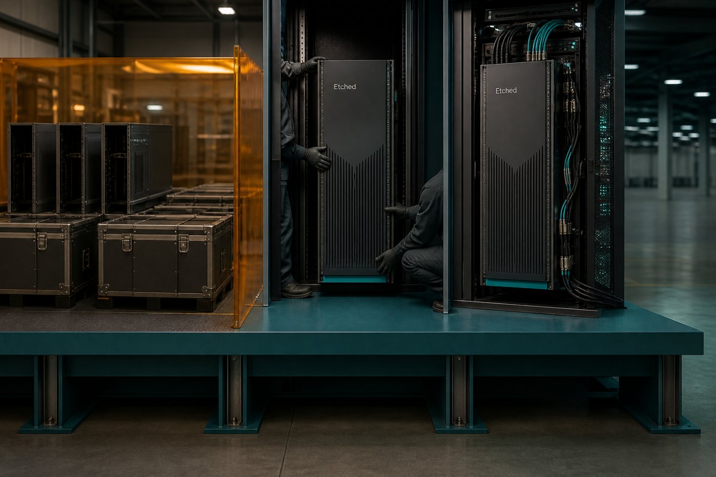 Etched’s customer traction progresses from contracts to a shipped rack and workload deployment, before recurring revenue is established.