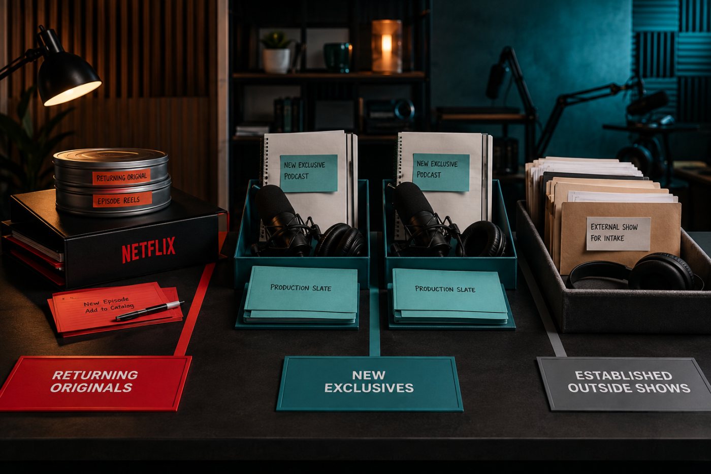 Netflix distingue les podcasts originaux renouvelés, les nouvelles exclusivités et les émissions existantes ajoutées au service.