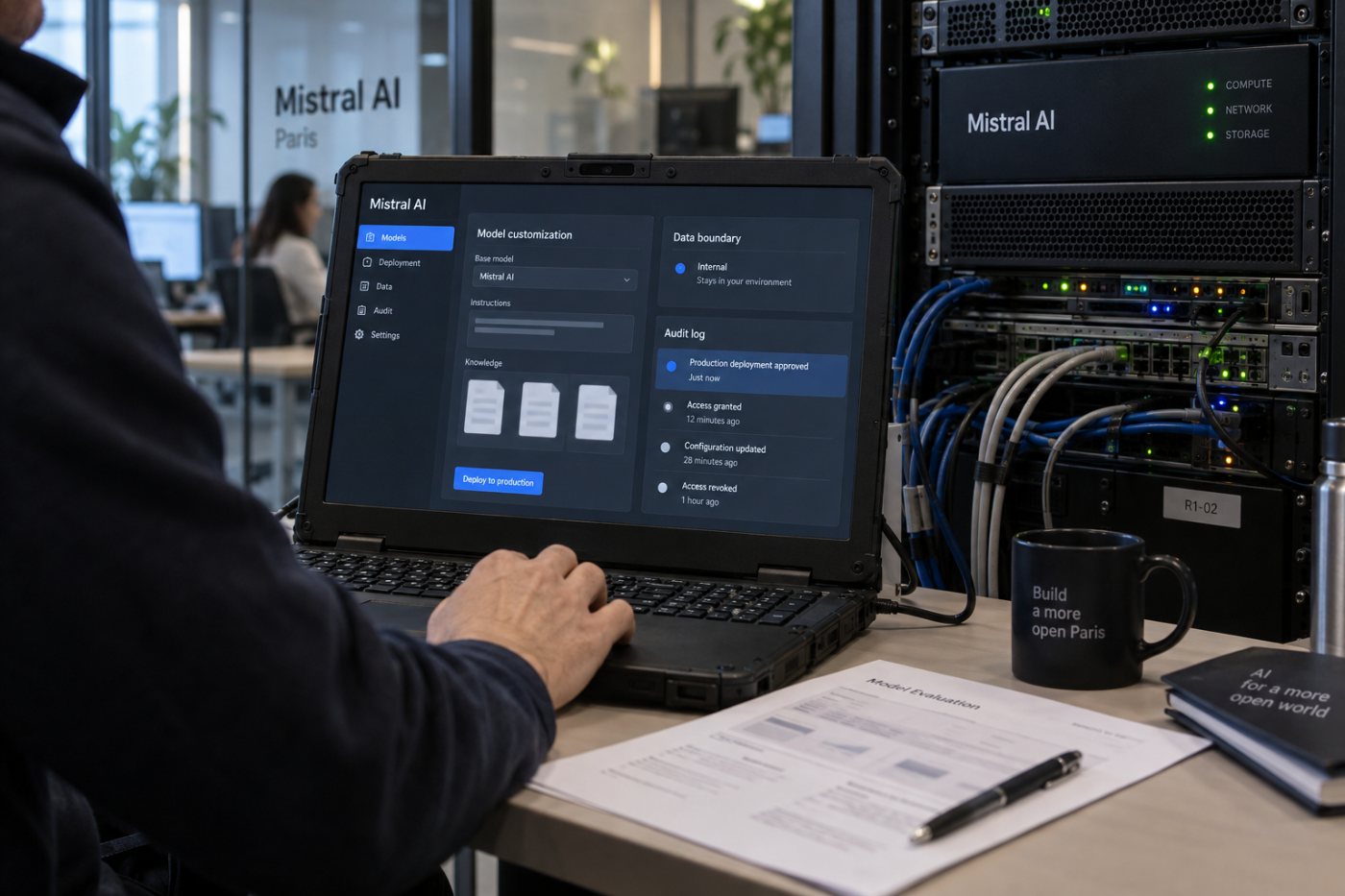 A Mistral AI system connecting controlled data, customizable models, private compute and auditable deployment
