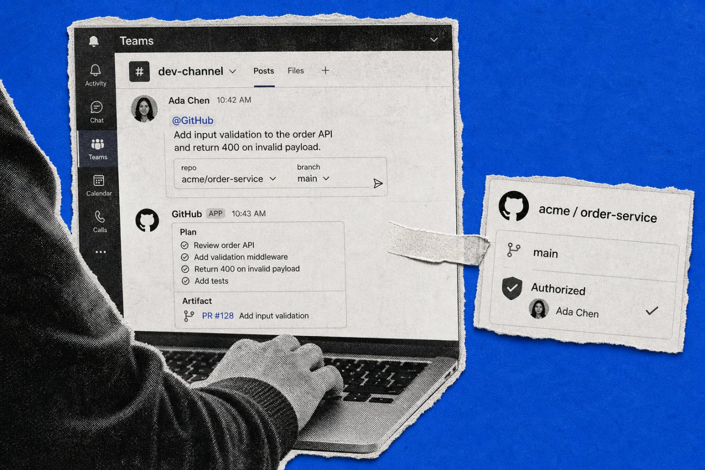 具备仓库权限的成员在Microsoft Teams中通过@GitHub指定任务、仓库和分支,代理返回执行计划与产物入口