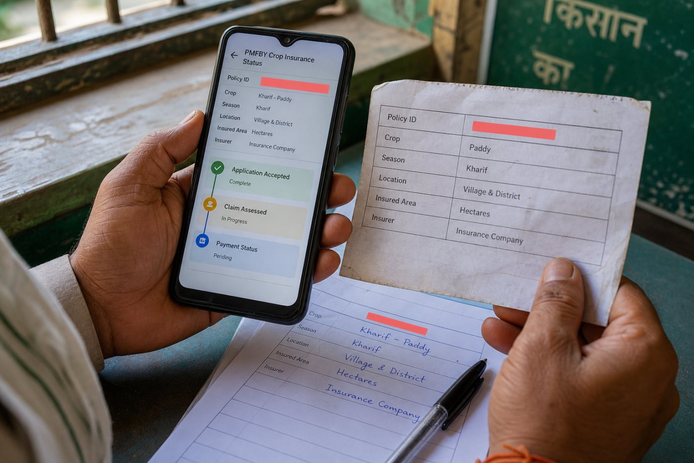 पॉलिसी ID से सही PMFBY रिकॉर्ड मिलाकर आवेदन, दावा और भुगतान की अलग स्थिति दर्ज करने का क्रम