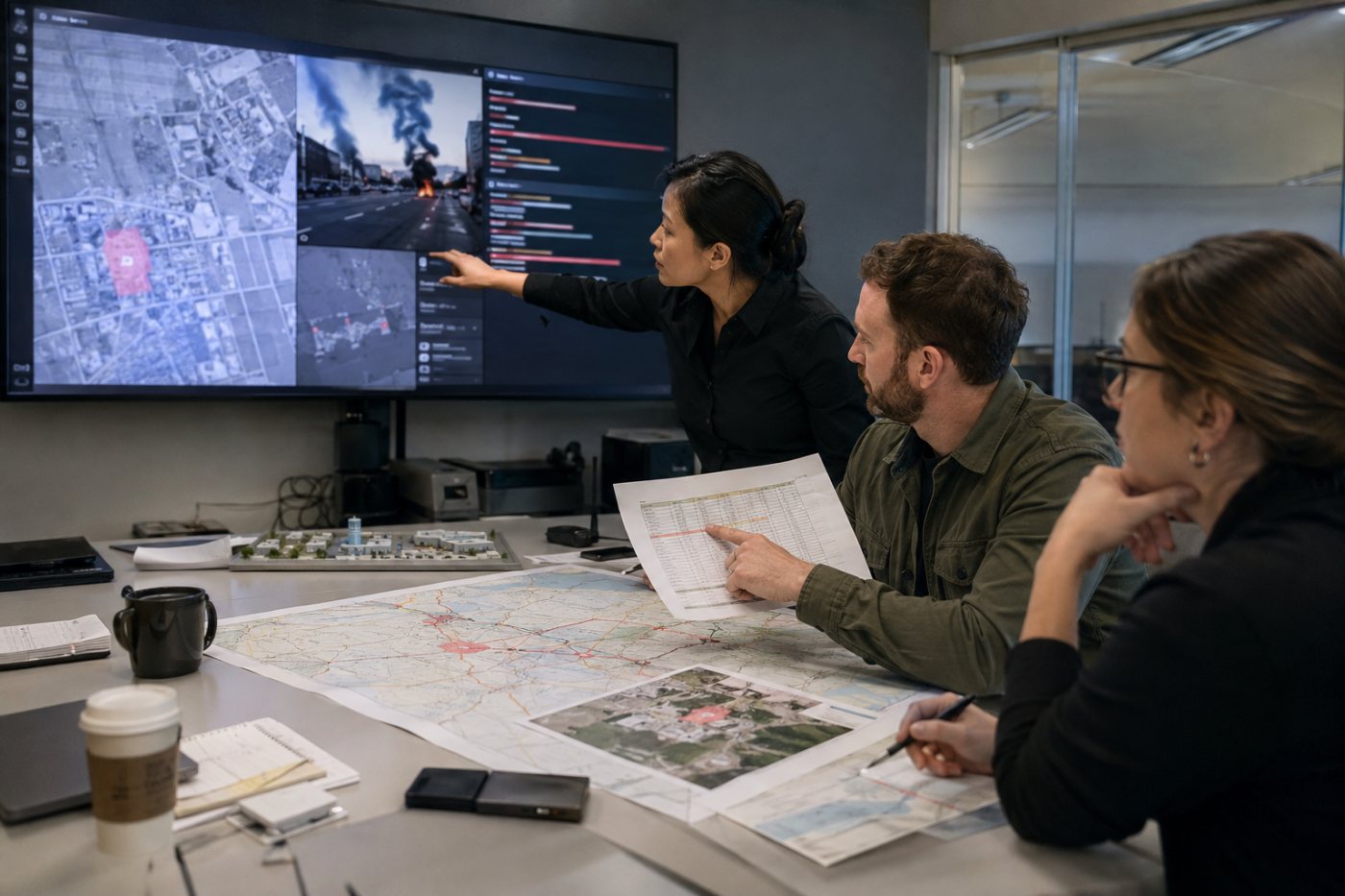 An Open Measures threat finding is assessed against facilities, personnel and operations in an Everbridge response workflow.