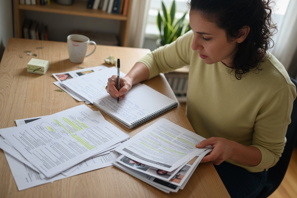 Content creator noting performance details in notebook