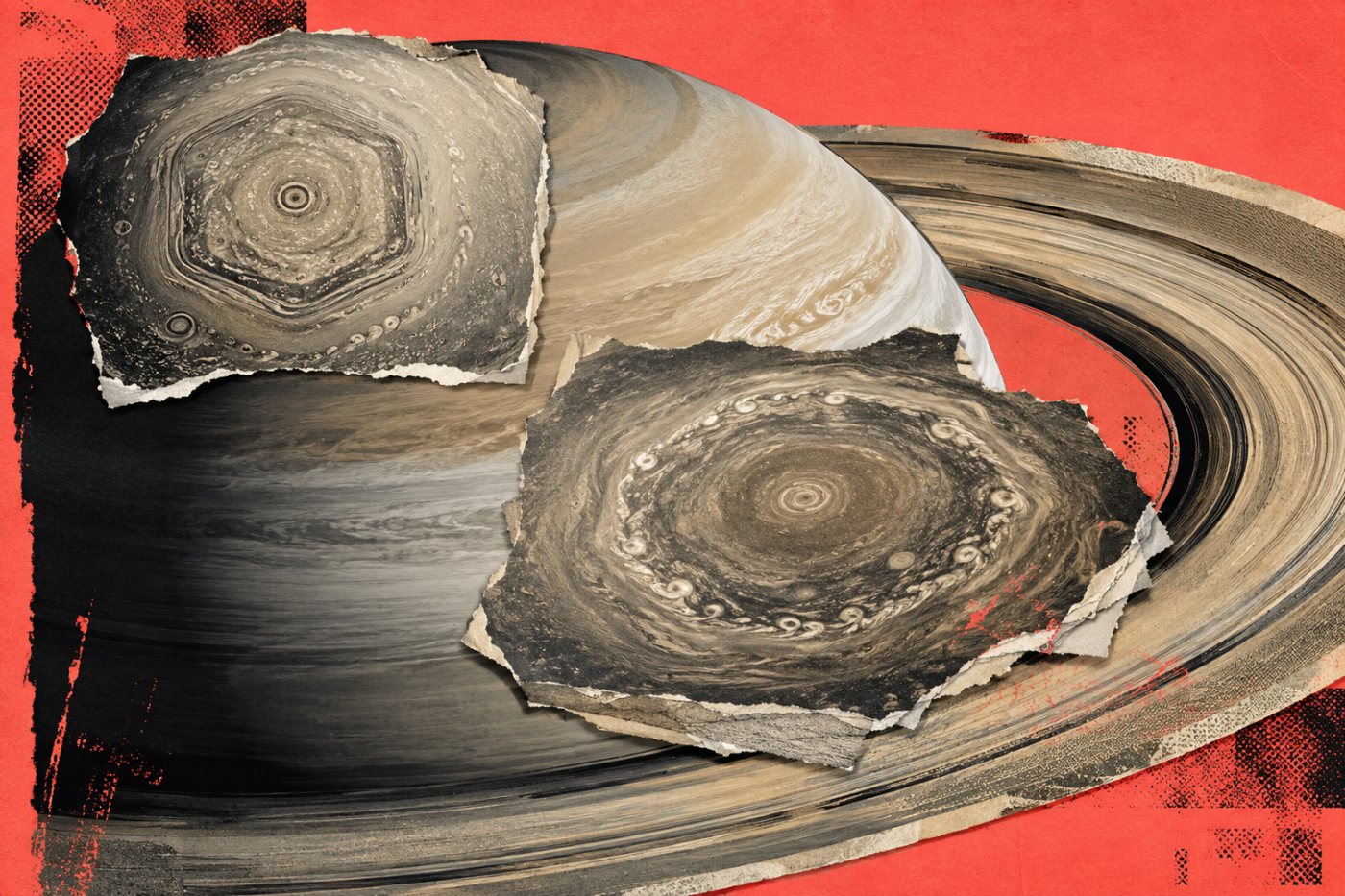 Comparación entre el hexágono estable del polo norte y el decágono móvil y desigual del polo sur de Saturno.
