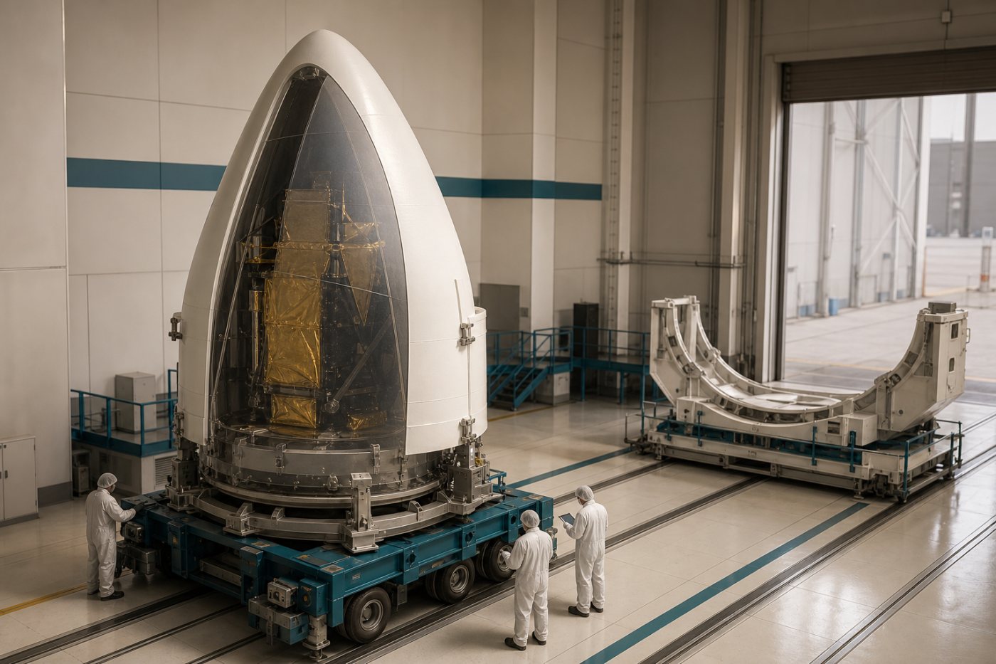 El telescopio Roman encapsulado se prepara para su acoplamiento con el Falcon Heavy antes del traslado a la plataforma.