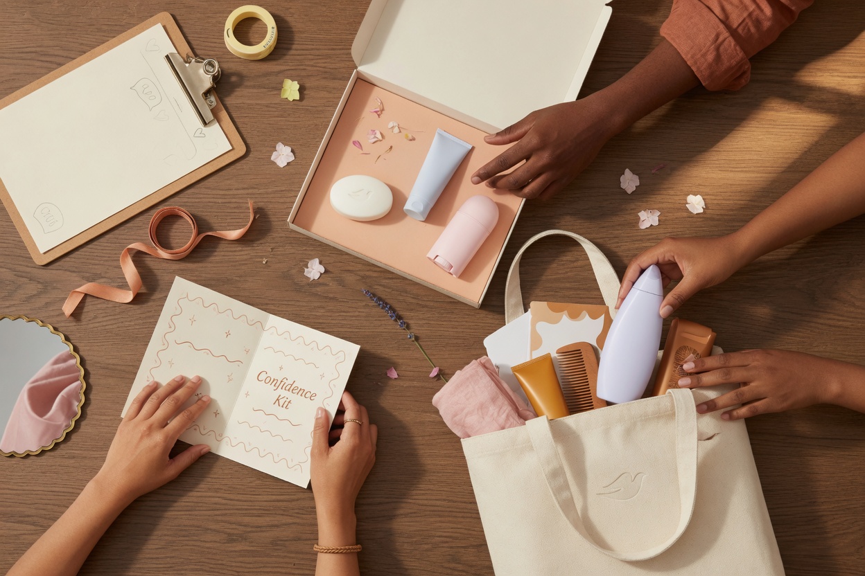Brand representative helping a fan assemble a Confidence Kit at the immersive Elle World event