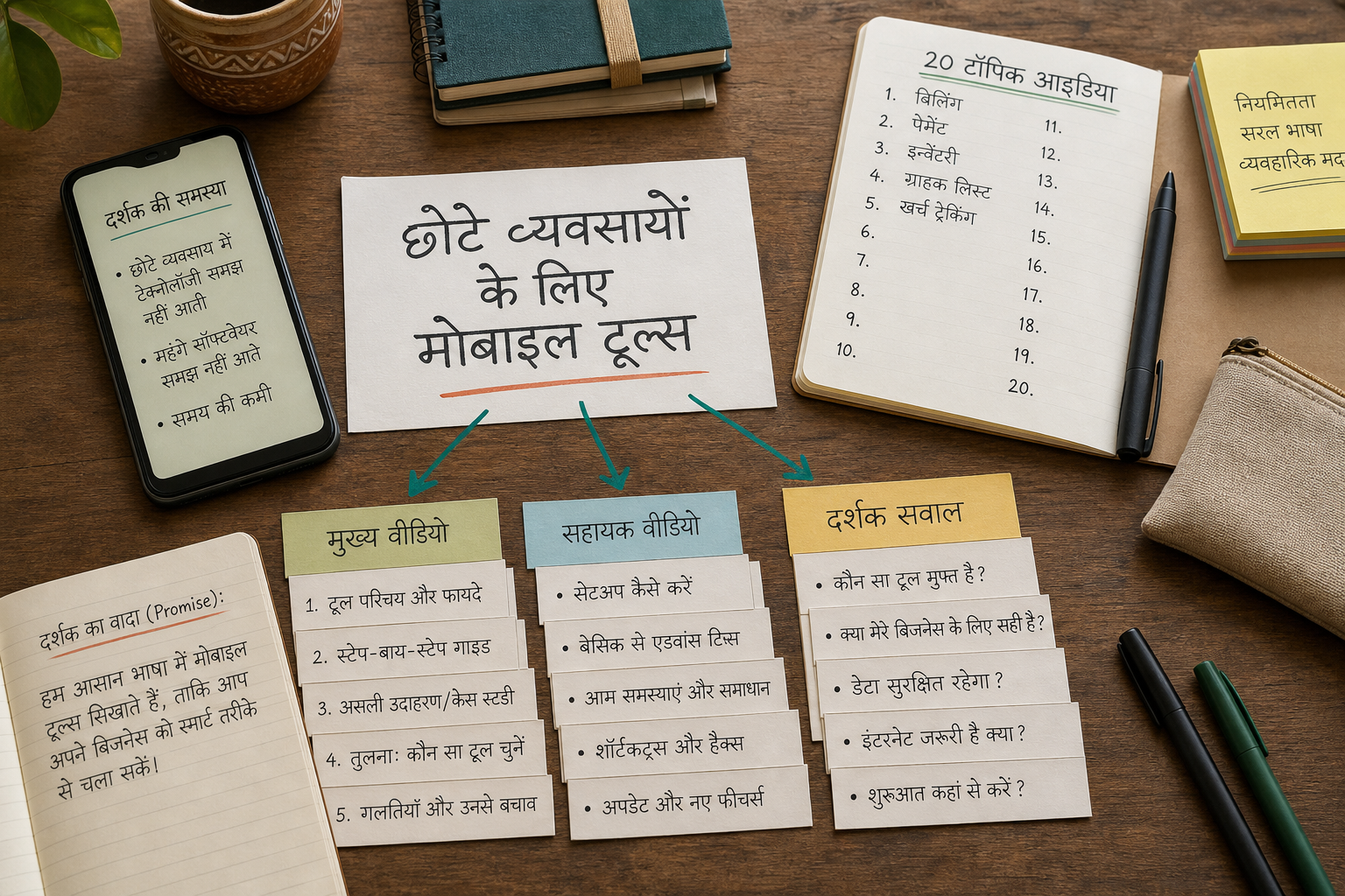 एक स्पष्ट दर्शक समस्या से बीस वीडियो विषय और टिकाऊ चैनल योजना तैयार करता शुरुआती निर्माता