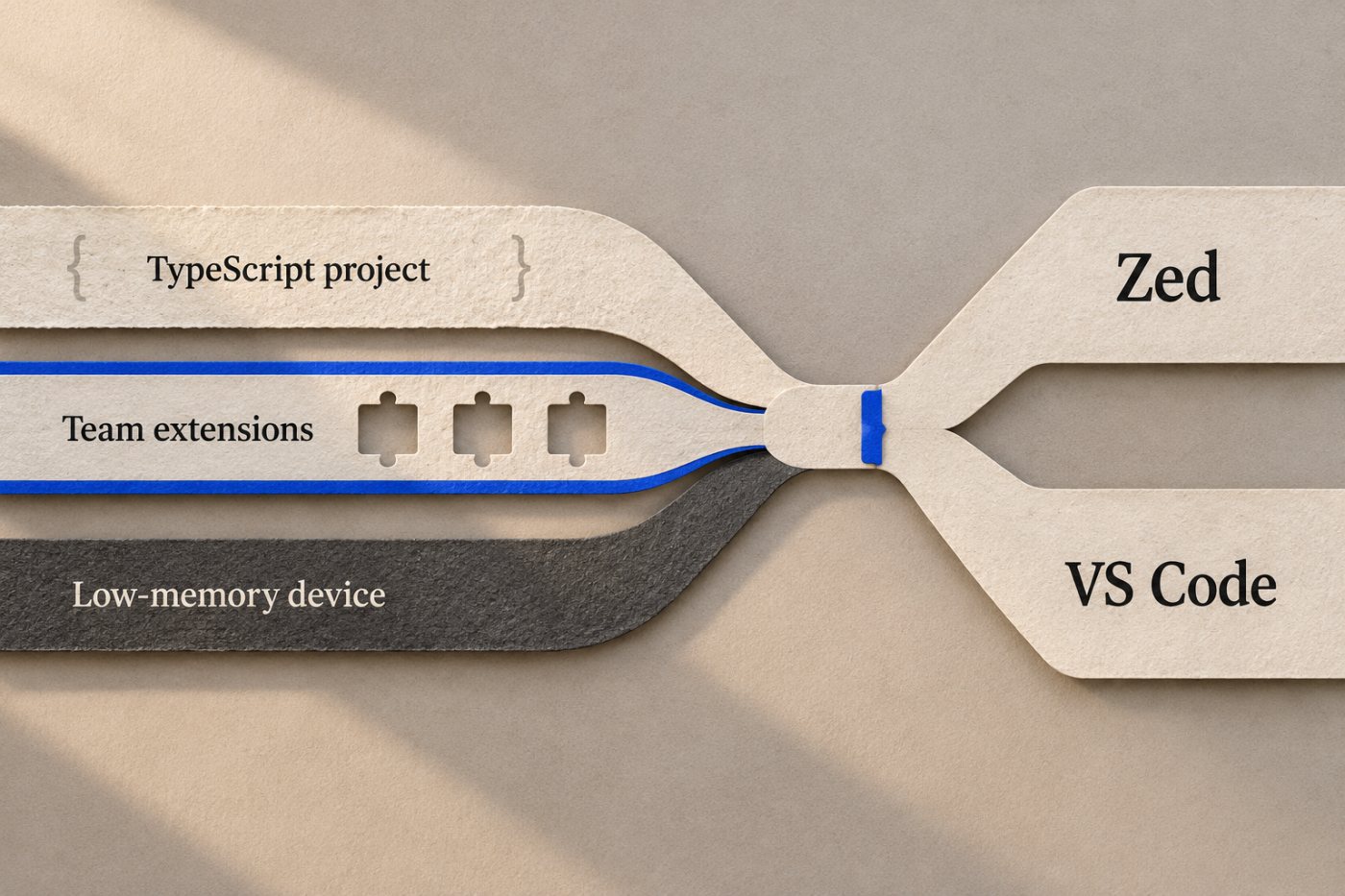انتخاب میان Zed و VS Code برای پروژهٔ TypeScript، تیم وابسته به افزونه و دستگاه کمحافظه.